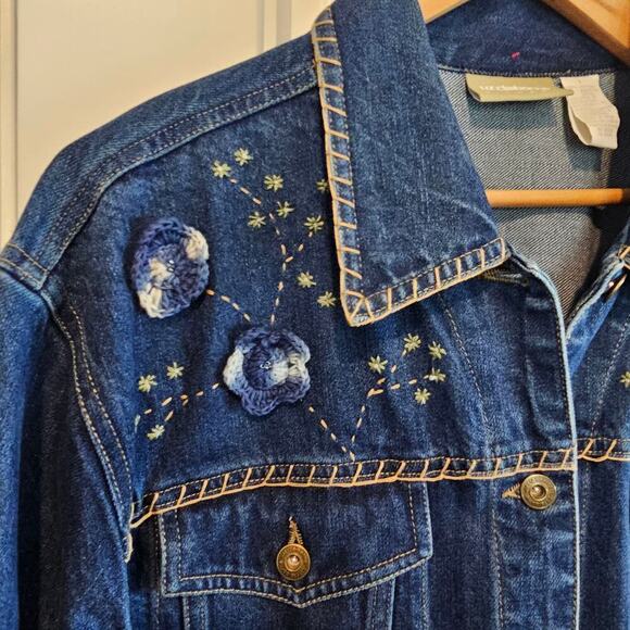 Liz Claiborne Vintage Denim Jacket Womens Large Embroidered Y2K Floral Boho Mom - Picture 3 of 10